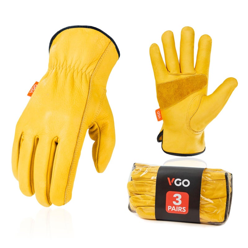 Vgo... 3-Pairs Unlined Cow Grain Leather Work and Driver Gloves with Cow Split Leather Palm Patch (Size XL, Gold,CA9590) - Image 1